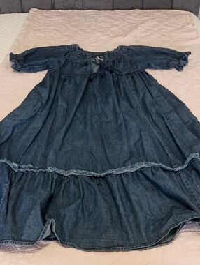 Free People Denim Blue Ruffled Smocked Maxi Dress